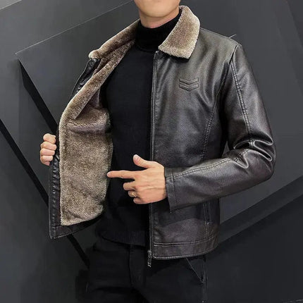 Winter Fashion Warmth Thickened Leather Jacket Lapel Solid Zipper Design Plus Size 4XL-M Bomber Coat Men's Leather Jacket - Premium  from FRANTZDOL STORE  - Just $55! Shop now at FRANTZDOL STORE 