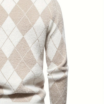 1pc SENMEIGUO Men'S Casual Geometric-Pattern Knit Sweater - High Neck, Long Sleeve, Skinny Fit, Slight Stretch Knitted Fabric Top for Fall/Winter HEBDO