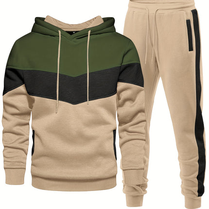 Men's Casual Hooded Sweatshirt And Sweatpants Set, Spring Autumn Winter Fashion, Sporty Pullover Hoodie With Color Block Design, Cozy Jogging Outfits, Athletic Track Suit HEBDO STORE