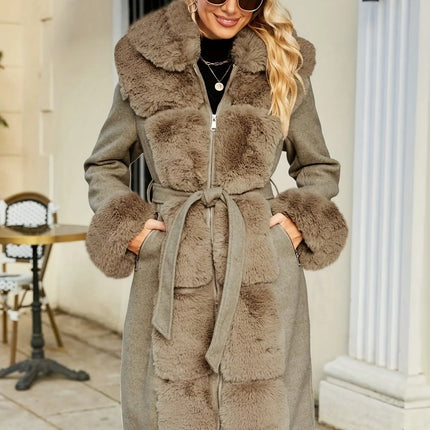 Women'S Elegant Faux Fur Coat, Solid Color Knit Fabric with Belt Detail, Polyester 65% Viscose 35% Lining, Warm Casual Versatile Fall/Winter Outerwear HEBDO