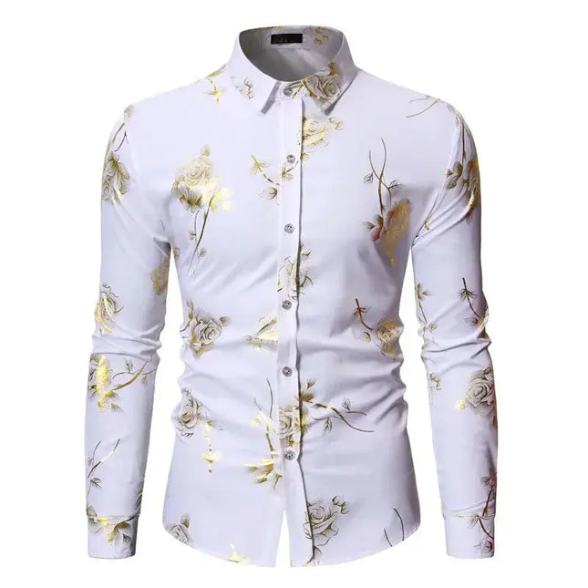 Luxury Gold Foil Print Shirt Men 2023 Autumn New White Rose Floral Shirt Mens Casual Dress Shirts Nightlcub Prom Shirt Camisas - Premium  from FRANTZDOL STORE  - Just $35! Shop now at FRANTZDOL STORE 