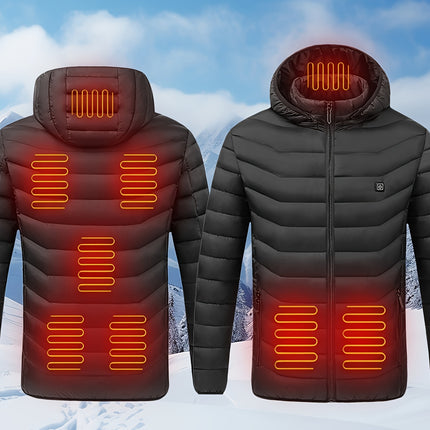 Men's Solid Color Heating with 9 Heating Areas, Long Sleeve Zipper Hooded Jacket, Suitable for Winter Outdoor Activities, Does Not Include Power Bank HEBDO STORE