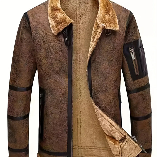 Men's Vintage-Inspired Faux Suede Jacket with Plush Lining - Striped, Zip-Up, Casual Outerwear for Fall & Winter HEBDO