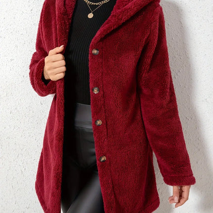 Elegant Polyester Fleece Hooded Coat for Women - Solid Color, Knit Fabric, Autumn/Winter Warmth HEBDO