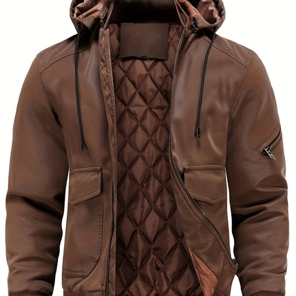 Mens Premium Pu Leather Hooded Bomber Jacket - Windproof, Waterproof, Ultra-Warm - Perfect for Autumn & Winter HEBDO STORE