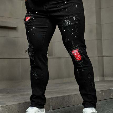 Men's Casual Slim Fit Jeans, Distressed Ripped Style With Patches Design, Street Style Pants HEBDO STORE