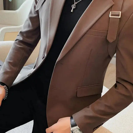 British Shoulder Strap Design Tuxedo Blazer Jackets For Men Clothing Business Formal Wear Two Buttons Slim Fit Casual Suit Coats - Premium  from FRANTZDOL STORE  - Just $74.57! Shop now at FRANTZDOL STORE 