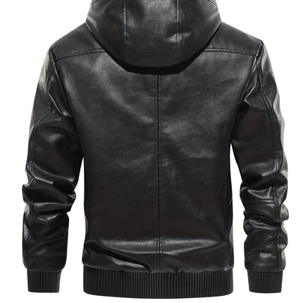 Thick Windproof Waterproof Men's Solid Color PU Leather Hooded Jacket for Spring Autumn HEBDO