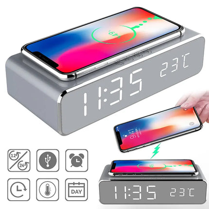 LED Electric Alarm Clock With Wireless Charger Desktop Digital Despertador Thermometer Clock HD Mirror Clock Watch Table Decor - Image #1