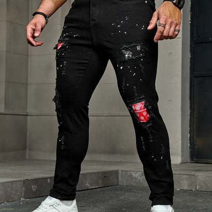 Men's Casual Slim Fit Jeans, Distressed Ripped Style With Patches Design, Street Style Pants HEBDO STORE