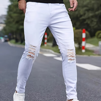 Stylish Men's Ripped Distressed Jeans - Chic Street Style Slim Fit Bottoms with Solid Cotton Blend Fabric, Comfortable Wear for All Seasons, Versatile and Fashionable HEBDO STORE