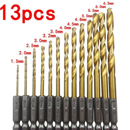 Wind batch hex shank twist drill bit titanium plated 6.35 handle 10PC/13PC set / high speed steel HEBDO STORE