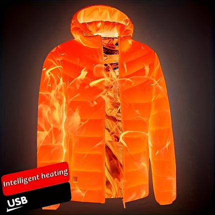 Men's Solid Color Heating with 9 Heating Areas, Long Sleeve Zipper Hooded Jacket, Suitable for Winter Outdoor Activities, Does Not Include Power Bank HEBDO STORE