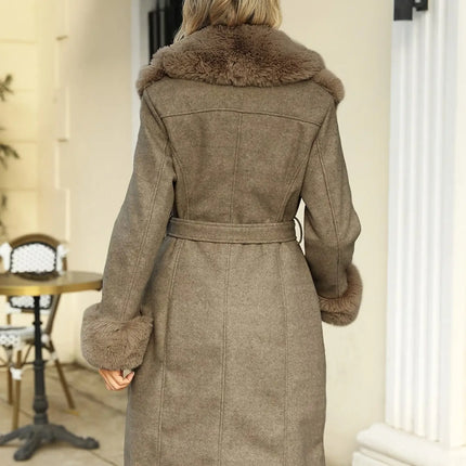 Women'S Elegant Faux Fur Coat, Solid Color Knit Fabric with Belt Detail, Polyester 65% Viscose 35% Lining, Warm Casual Versatile Fall/Winter Outerwear HEBDO