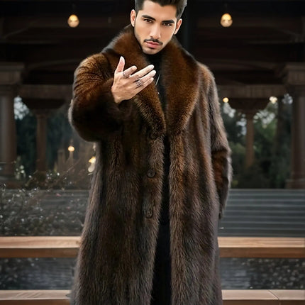 Men'S Elegant Faux Fur Overcoat - Solid Color Long Sleeve Knit Fabric Winter Jacket with Contrast Fur Detail, Button Closure, Polyester Lining, Non-Stretch Fabric, Midi Length for Going Out, Thick HEBDO