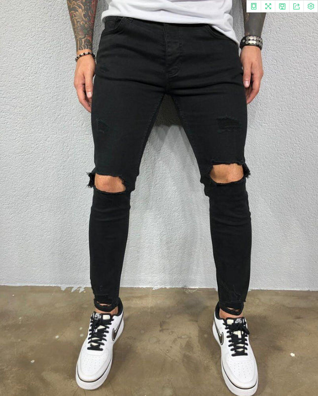 Men Jeans Black Blue Cool Skinny Knee Hole Ripped Stretch Slim Elastic Denim Pants Solid Color High Street Style Trousers Man HEBDO STORE