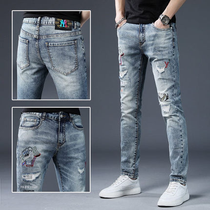 High-End Embroidered Ripped Slim-Fit Jeans HEBDO STORE