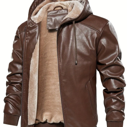 Thick Windproof Waterproof Men's Solid Color PU Leather Hooded Jacket for Spring Autumn HEBDO