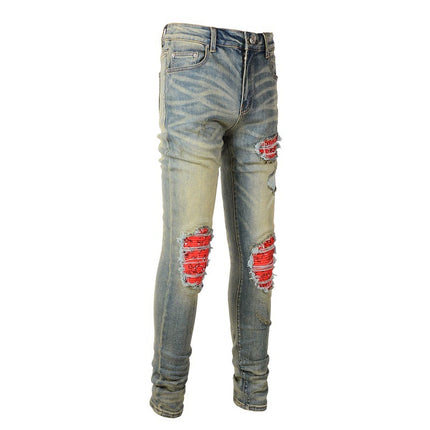 Red Printed Pleated Elastic Light Colored Jeans For Men HEBDO STORE