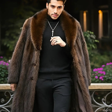 Men'S Elegant Faux Fur Overcoat - Solid Color Long Sleeve Knit Fabric Winter Jacket with Contrast Fur Detail, Button Closure, Polyester Lining, Non-Stretch Fabric, Midi Length for Going Out, Thick HEBDO