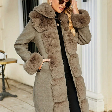 Women'S Elegant Faux Fur Coat, Solid Color Knit Fabric with Belt Detail, Polyester 65% Viscose 35% Lining, Warm Casual Versatile Fall/Winter Outerwear HEBDO