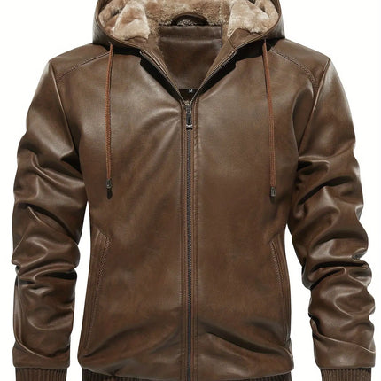 Thick Windproof Waterproof Men's Solid Color PU Leather Hooded Jacket for Spring Autumn HEBDO