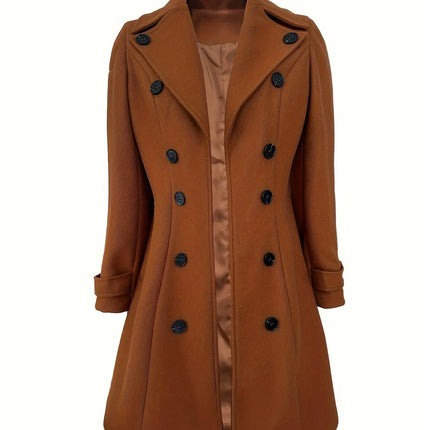 Elegant Polyester Trench Coat for Women - Solid Color, Double-Breasted, Woven, with Faux Buttons, Autumn/Winter Collection HEBDO