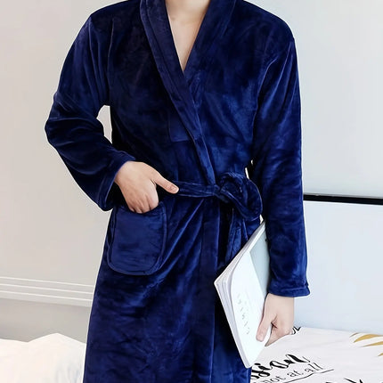 Luxurious Plush Fleece Bathrobe - Thick, Warm Long Sleeve Loungewear with V-Neck and Tie Belt - Solid Color, Machine Washable for Cozy Autumn/Winter Comfort HEBDO