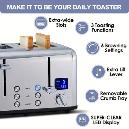 4 Slice Stainless Steel Cusimax Toaster with Ultra-Clear LED Display, Dual Control Panels of 6 Shade Settings & Extra Wide Slots, Cancel/Bagel/Defrost Function, Removable Crumb Trays HEBDO