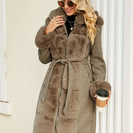 Women'S Elegant Faux Fur Coat, Solid Color Knit Fabric with Belt Detail, Polyester 65% Viscose 35% Lining, Warm Casual Versatile Fall/Winter Outerwear HEBDO