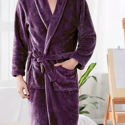 Luxurious Plush Fleece Bathrobe - Thick, Warm Long Sleeve Loungewear with V-Neck and Tie Belt - Solid Color, Machine Washable for Cozy Autumn/Winter Comfort HEBDO