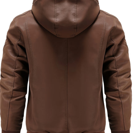 Mens Premium Pu Leather Hooded Bomber Jacket - Windproof, Waterproof, Ultra-Warm - Perfect for Autumn & Winter HEBDO STORE