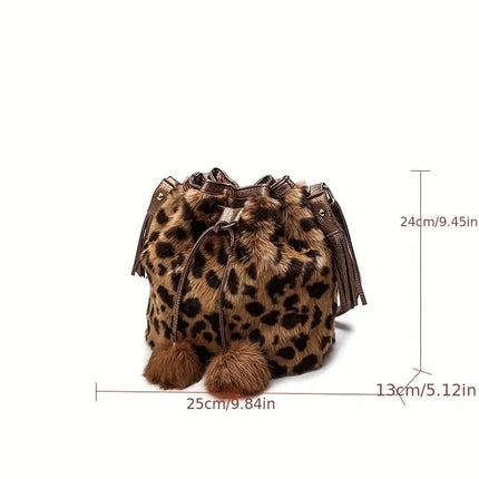 Trendy Plush Leopard Pattern Bucket Bag, Luxury Drawstring Crossbody Shoulder Purse For Women HEBDO