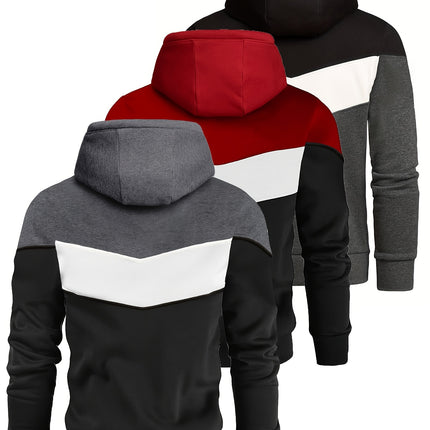 Men's 3pcs Color Block Hoodie Set - Casual & Sporty, Fleece-Lined Pullover with Kangaroo Pocket, Long Sleeve, Drawstring Hooded Sweatshirt, and Joggers - Polyester Blend, Machine Washable - Perfect for Fall/Winter HEBDO STORE