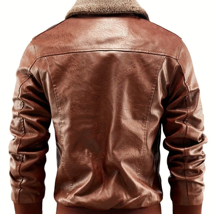 Polyester Leather Men's Casual Jacket, GSON Collection, Solid Color, Regular Fit, Notch Collar, Zippered Pockets, Woven Outerwear HEBDO