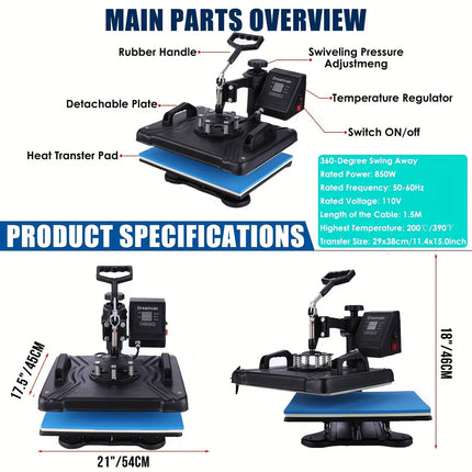 Heat Press 5 in 1 Multifunctional Tshirt Press Machine 15"x12" Digital Industrial Heat Transfer Machine, Swing Away Sublimation Heat Press Machine for T Shirts/Mug/Cap/Plate/DIY HEBDO