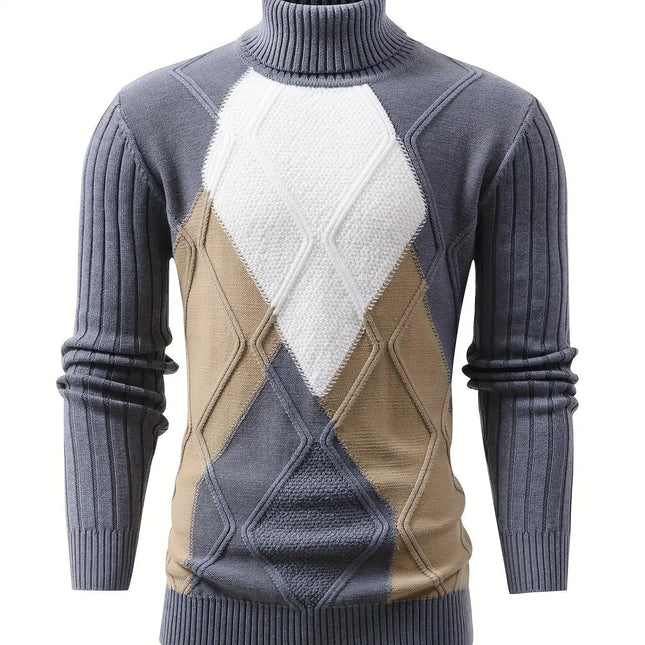 High Stretch Men's Color Block Geometric Graphic Print Knitted Pullover, Casual Long Sleeve Slim-fit Turtle Neck Sweater For Fall Winter HEBDO