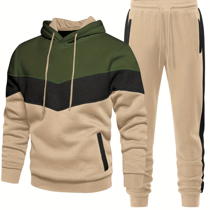 Men's Casual Hooded Sweatshirt And Sweatpants Set, Spring Autumn Winter Fashion, Sporty Pullover Hoodie With Color Block Design, Cozy Jogging Outfits, Athletic Track Suit HEBDO STORE