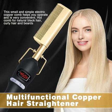 Professional Hot Comb With Digital Display - High Heat Ceramic Hair Press Comb For Thick Hair - Multifunctional Copper Hair Straightener - Gold - Premium  from FRANTZDOL STORE  - Just $24.10! Shop now at FRANTZDOL STORE 