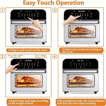 1pc MOREBEAUTY 12.5QT Electric Countertop Oven with Digital Touch Screen, Stainless Steel Rotisserie & Baking, 1700W, 110-130V, US Plug, Includes Crisper Tray, Drip Tray, Wire Rack, Fetch Tool, Skewer Racks, Rotisserie Shaft HEBDO