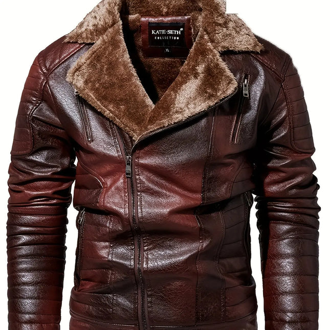 Men's Casual Faux Leather Jacket, Autumn/Winter, Regular Fit Solid Color Full Zip Coat With Pocket Detail HEBDO