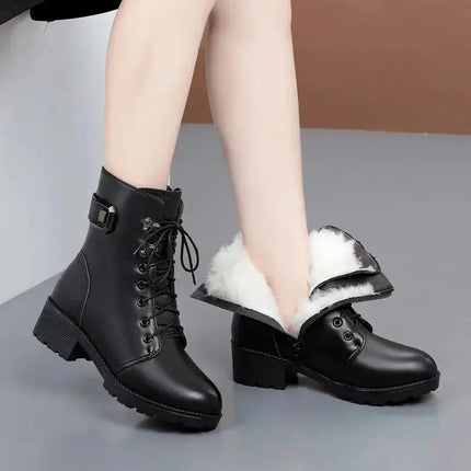 WOIZGIC Female Ladies Women Genuine Leather Ankle Boots Platform Winter Antumn Plush Fur Warm Shoes Plus Size Lace Up 35-43 - Image #4