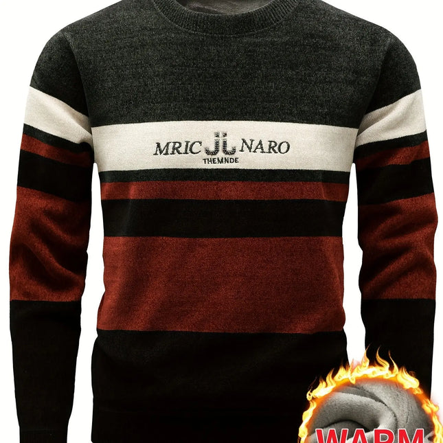 Men's Color Block Striped Knitted Pullover, Casual Long Sleeve Crew Neck Warm Sweater for Fall Winter HEBDO