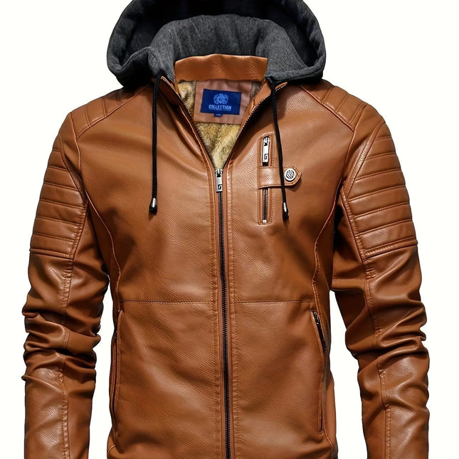 Long Sleeve Men's Casual Faux Leather Jacket with Removable Hood, Zipper Closure, Solid Color, Woven Polyester Lining, Casual Fit, Small Stand-Up Collar, and Zippered Pocket HEBDO