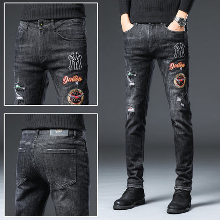 High-End Embroidered Ripped Slim-Fit Jeans HEBDO STORE