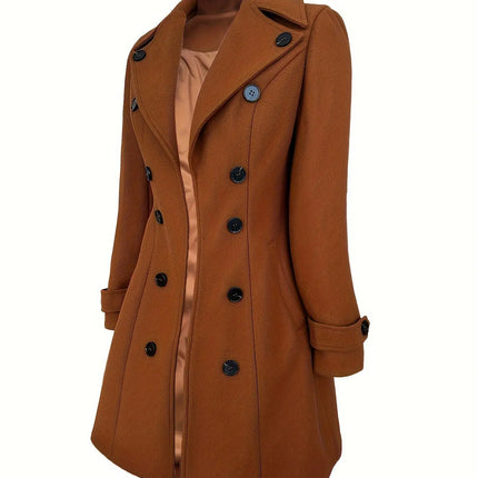 Elegant Polyester Trench Coat for Women - Solid Color, Double-Breasted, Woven, with Faux Buttons, Autumn/Winter Collection HEBDO