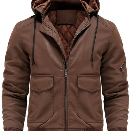 Mens Premium Pu Leather Hooded Bomber Jacket - Windproof, Waterproof, Ultra-Warm - Perfect for Autumn & Winter HEBDO STORE