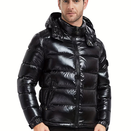 Men's Shiny Polyester Hooded Down Jacket - Casual Style, Warm Duck Down Filling, Hand Washable, Zipper Detail HEBDO STORE