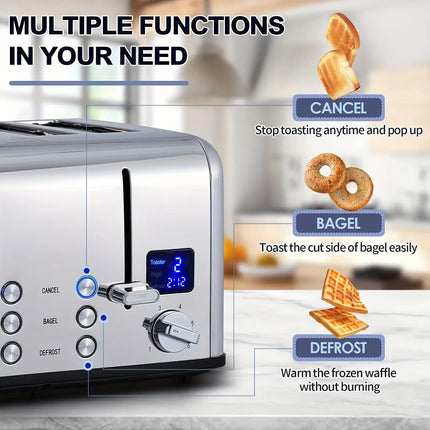 4 Slice Stainless Steel Cusimax Toaster with Ultra-Clear LED Display, Dual Control Panels of 6 Shade Settings & Extra Wide Slots, Cancel/Bagel/Defrost Function, Removable Crumb Trays HEBDO