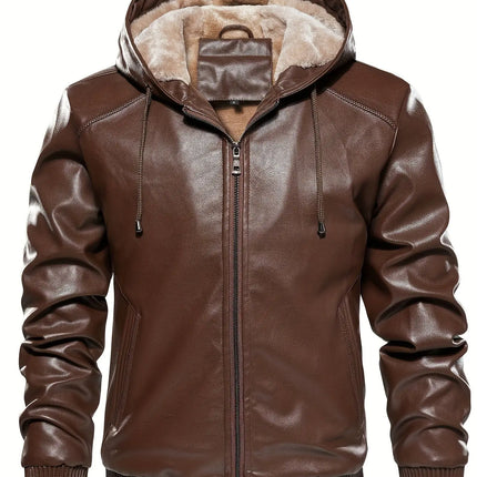 Thick Windproof Waterproof Men's Solid Color PU Leather Hooded Jacket for Spring Autumn HEBDO